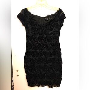Vintage Guess Black Lace and Velvet Cap-Sleeve Bodycon Dress